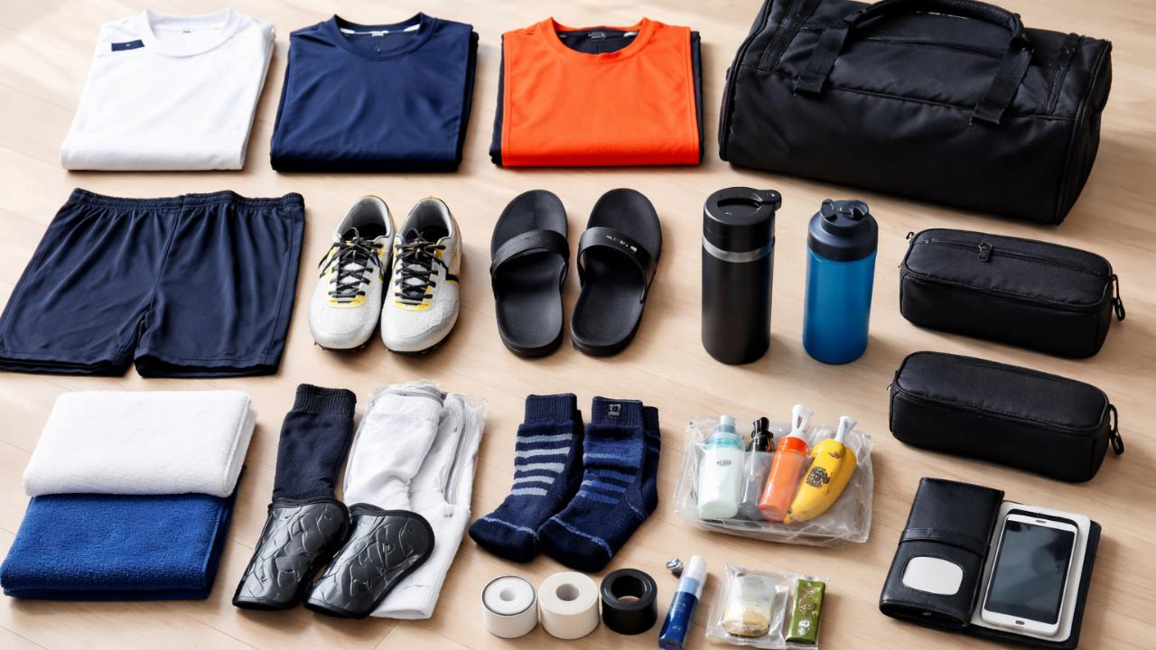 サッカー合宿の持ち物一式を床にきれいに並べた俯瞰写真風