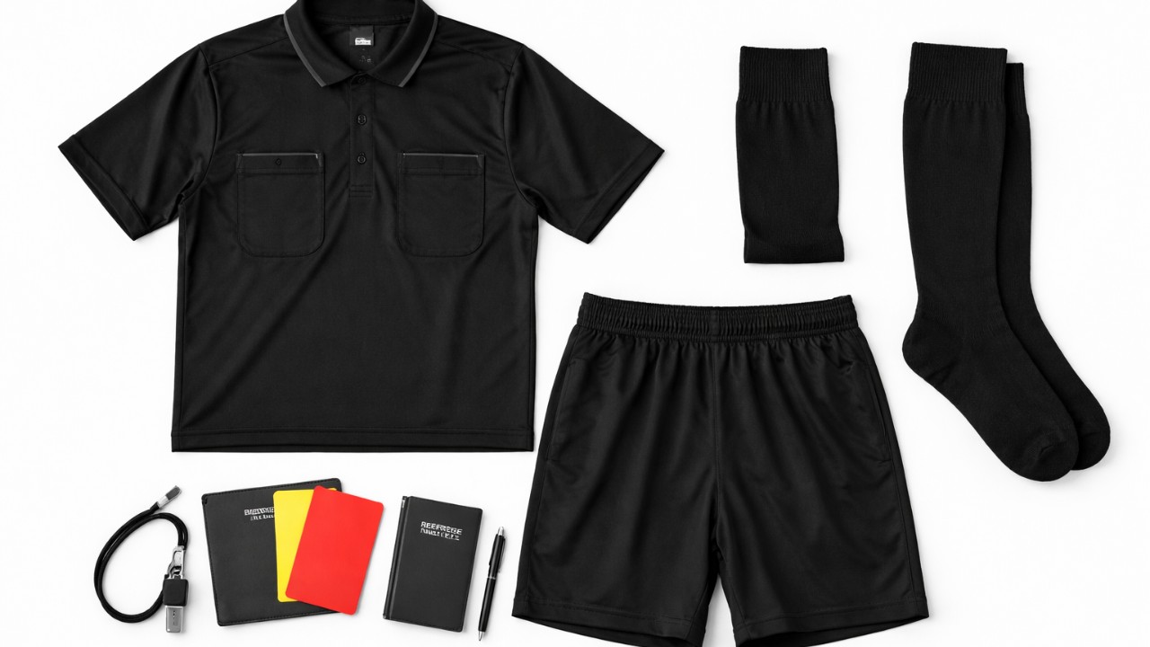 サッカー審判の服装一式（審判シャツ、黒いショーツ、黒いソックス、笛、赤黄カード、記録ノート、ペン）