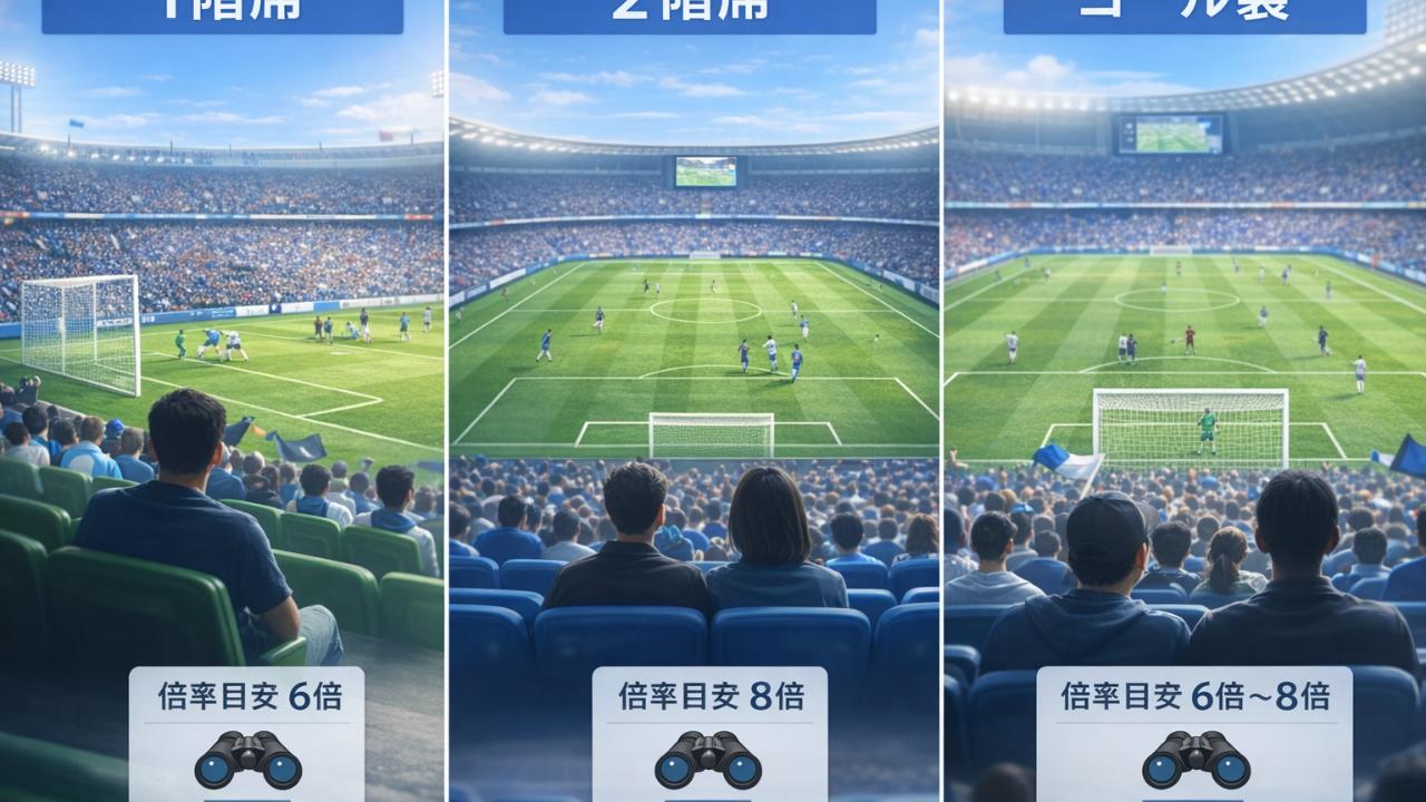 スタジアム席別の見え方（1階席・2階席・ゴール裏の3分割イメージ、双眼鏡の倍率目安を小さく表示
