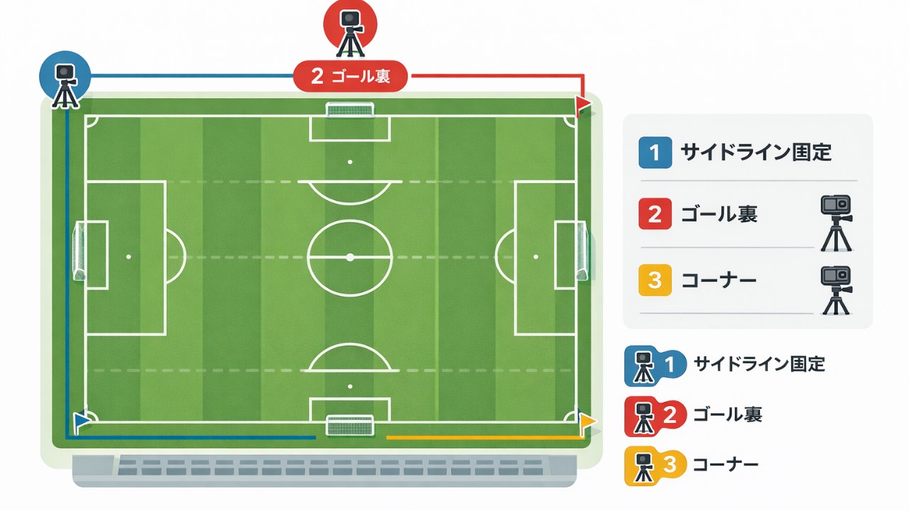 ピッチ俯瞰の撮影ポジションマップ（サイドライン固定、ゴール裏、コーナーの3点を色分け）