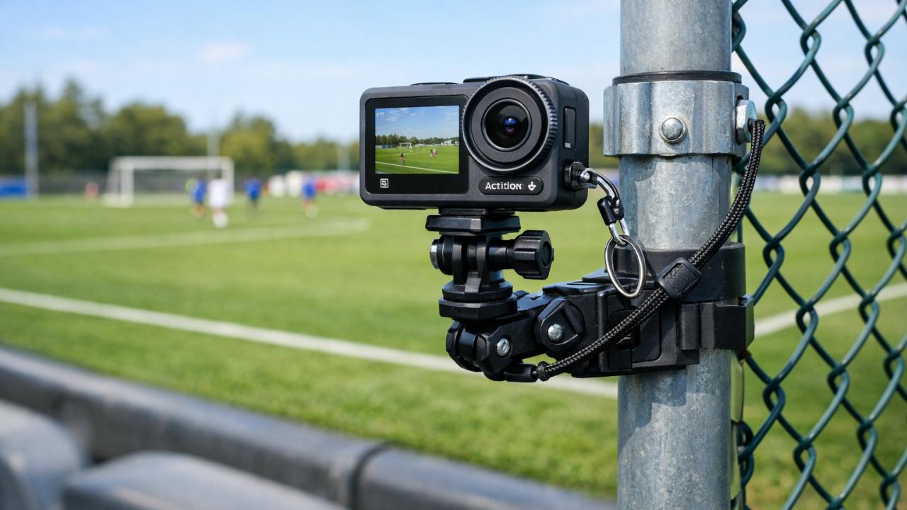 屋外サッカー場、サイドラインのフェンスにアクションカメラをクランプ固定し安全ストラップを付けている様子