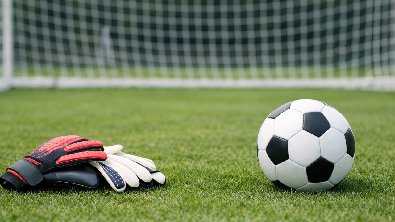 サッカーのゴール前、芝の上にキーパーグローブとボール