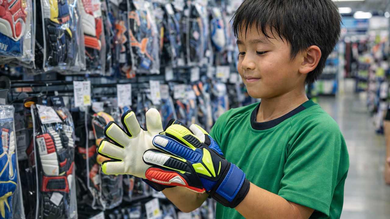 ポーツショップで子どもがグローブを試着している場面