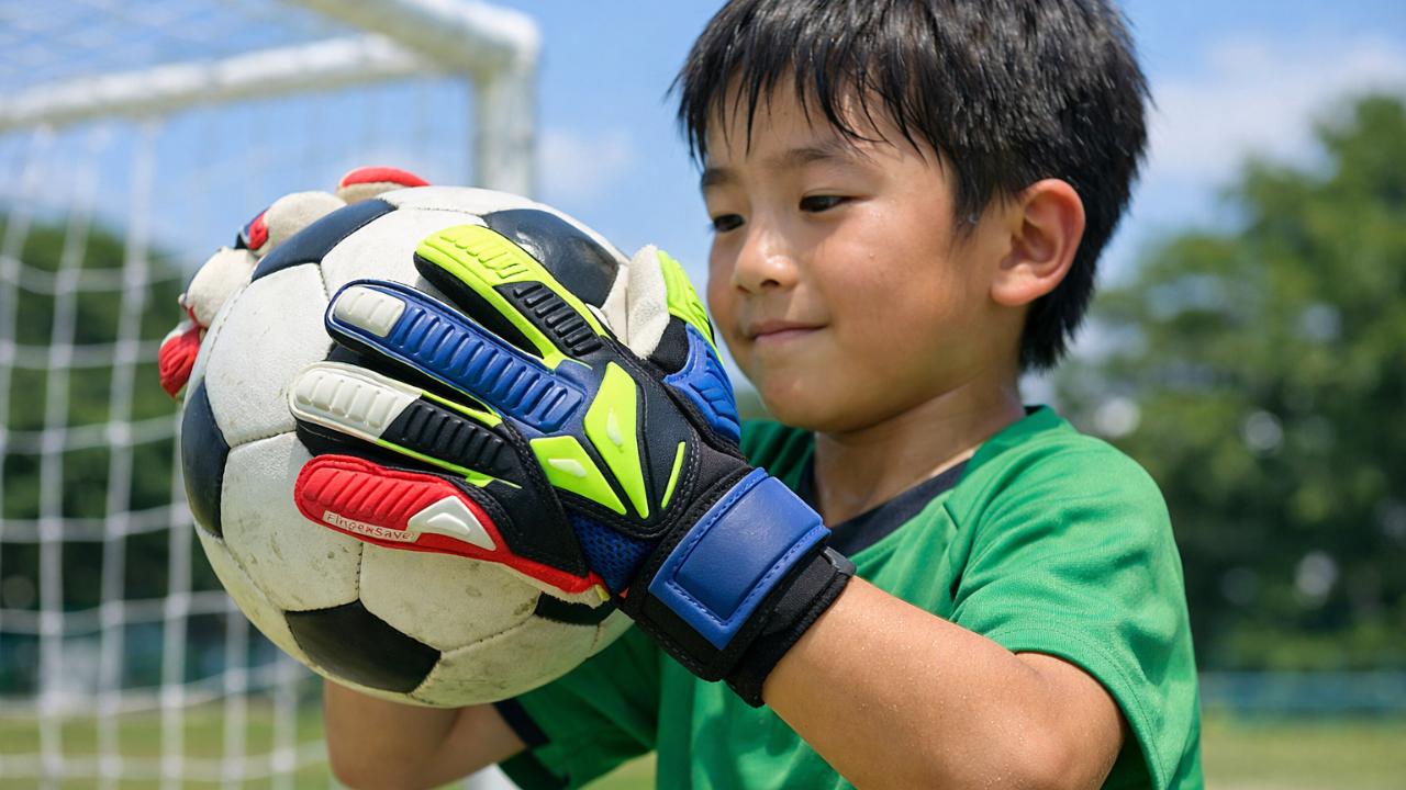 日本人小学生のゴールキーパーがサッカーゴール前で両手キャッチ