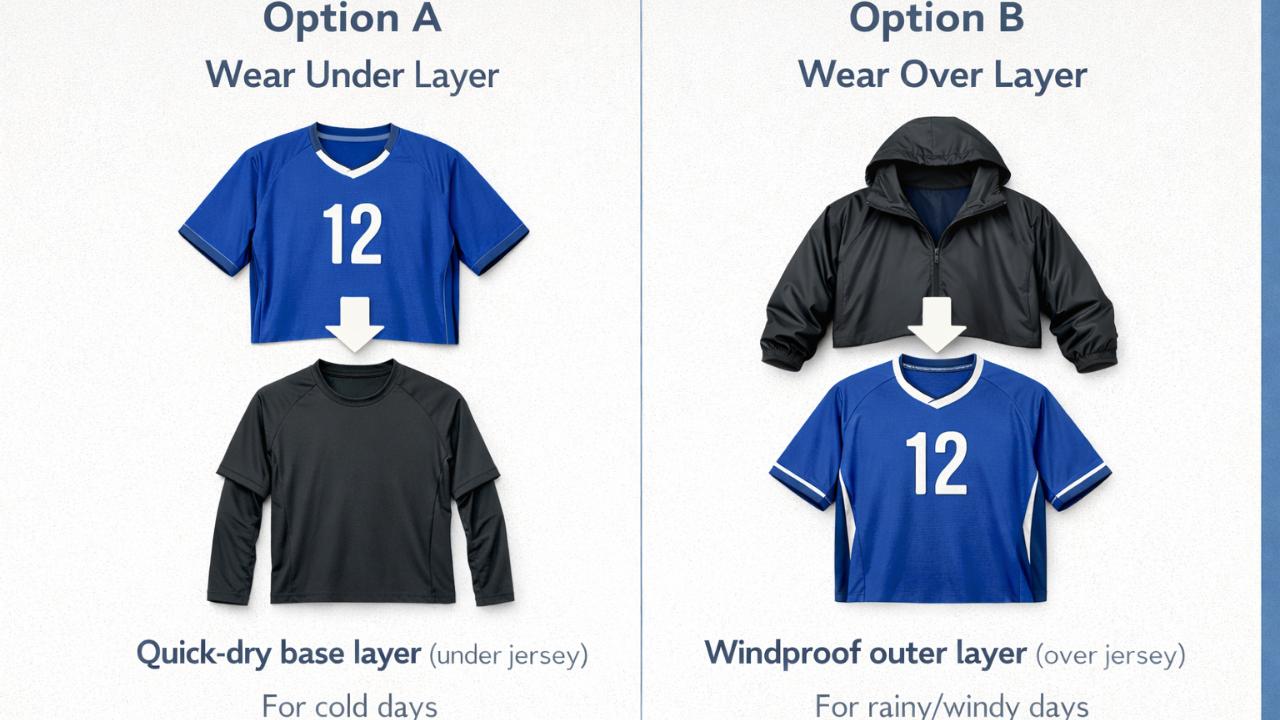ユニフォーム着こなし比較（ユニフォームの下に速乾インナー／上から防風アウターの2パターンを左右並列