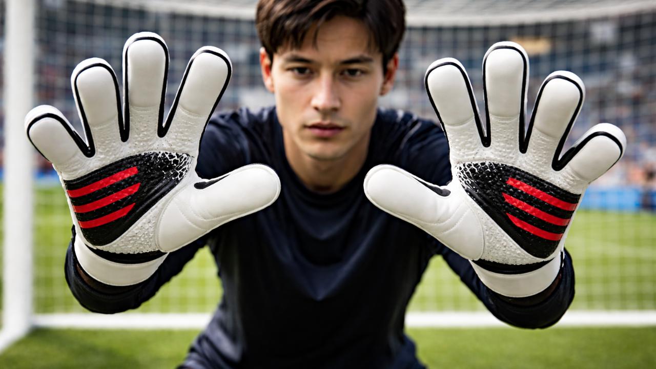 ゴール前で構える日本人キーパーの両手のアップ、アディダス風のGKグローブ