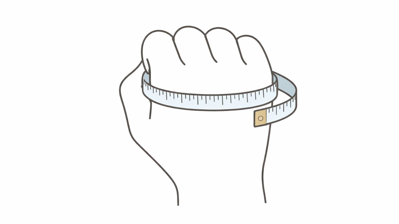 親指を除いた拳の一番太い部分にメジャーを一周させて測る図解