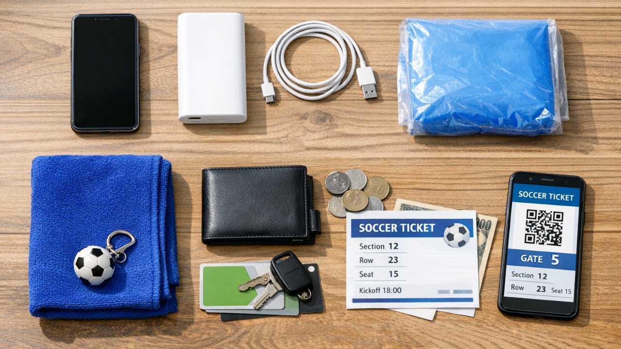 机の上にサッカー観戦の持ち物（スマホ、モバイルバッテリー、財布、タオル、レインポンチョ、チケット）を整然と並べた俯瞰写真風