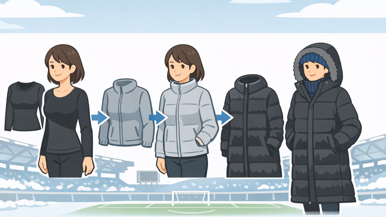 冬のスタジアム観戦、女性のレイヤリング（インナー・フリース・ベンチコート）を分かりやすく図解したフラットデザイン