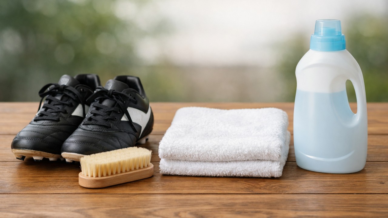 サッカースパイクと柔らかいブラシ、白いタオル、中性洗剤のボトルを木目のテーブルに整然と並べた実写風