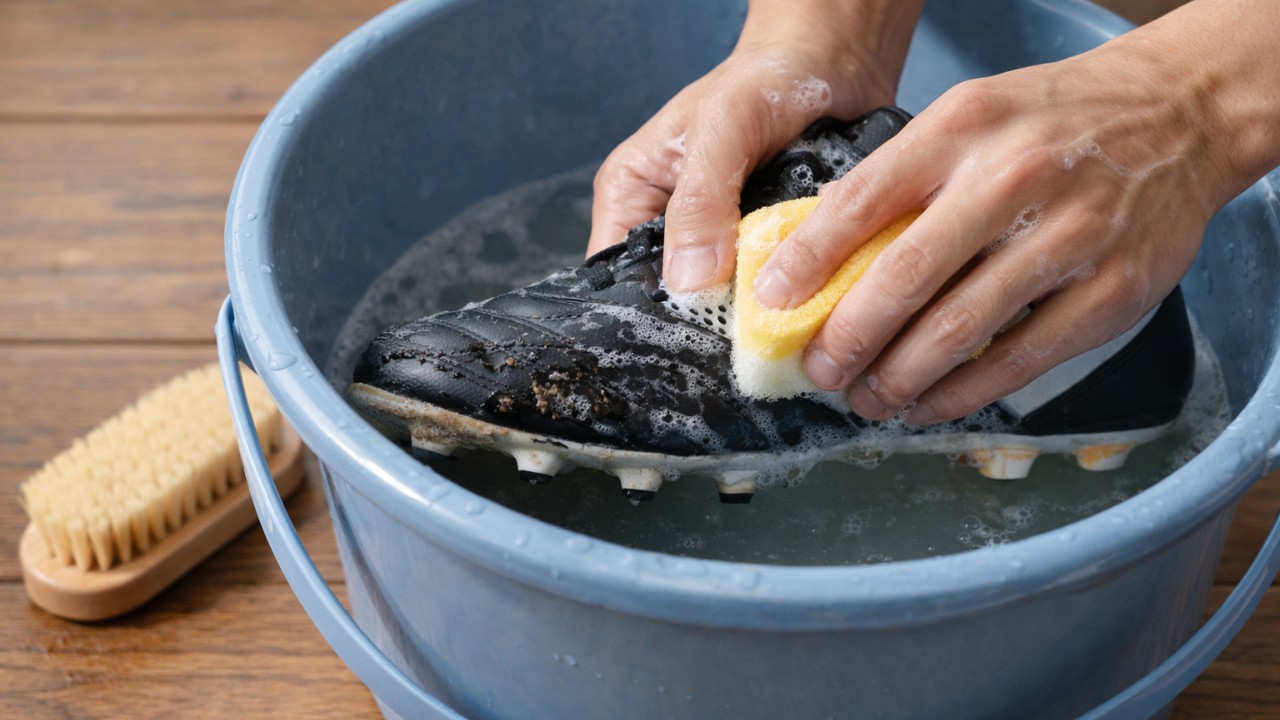 バケツのぬるま湯とスポンジでスパイクを手洗い