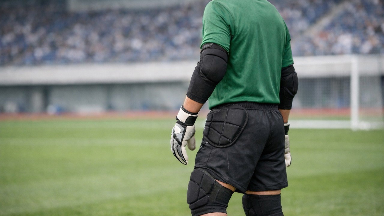 サッカーのゴールキーパーが膝・肘・腰にプロテクターを装着しているイメージ