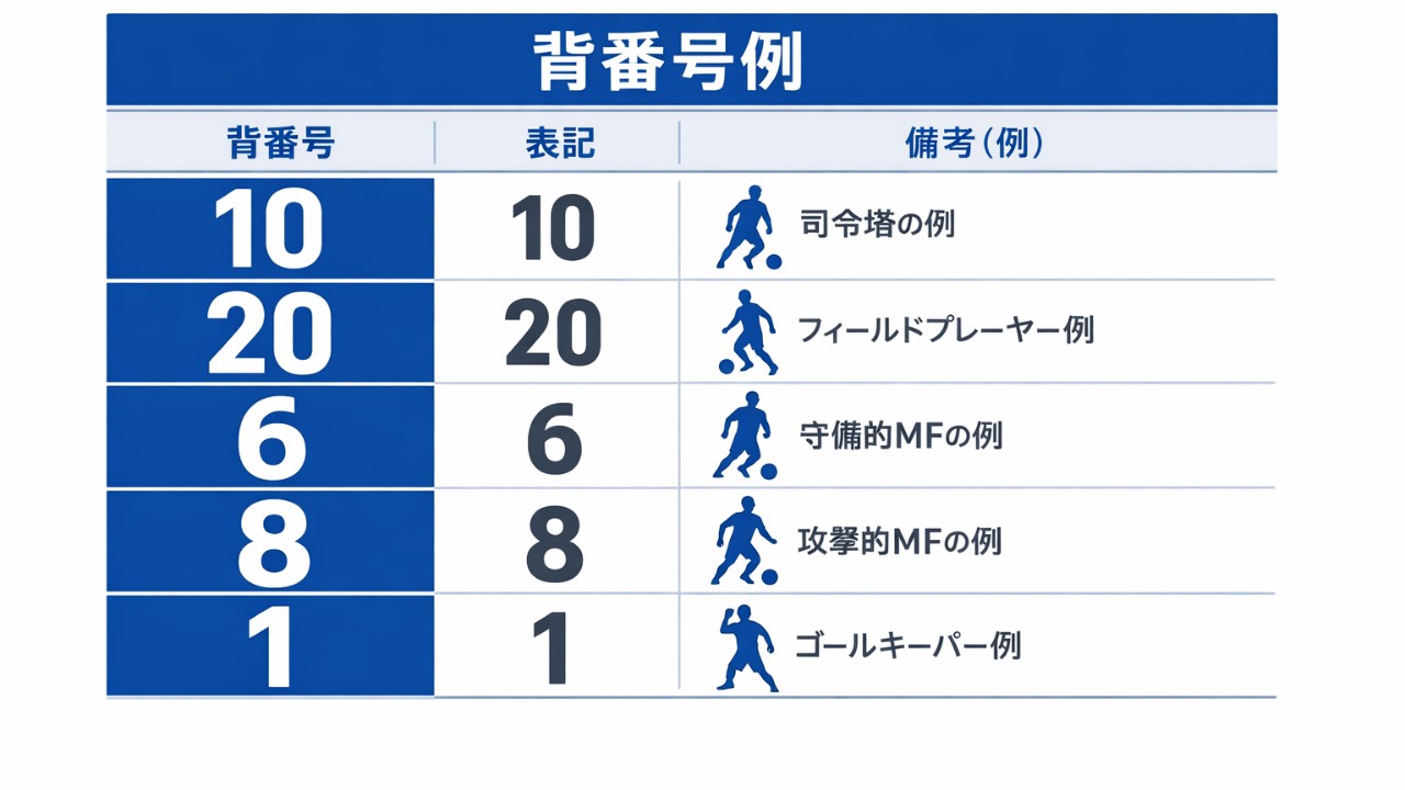 背番号例の一覧表デザイン（10、20、6、8、1などの番号を大きく配置）
