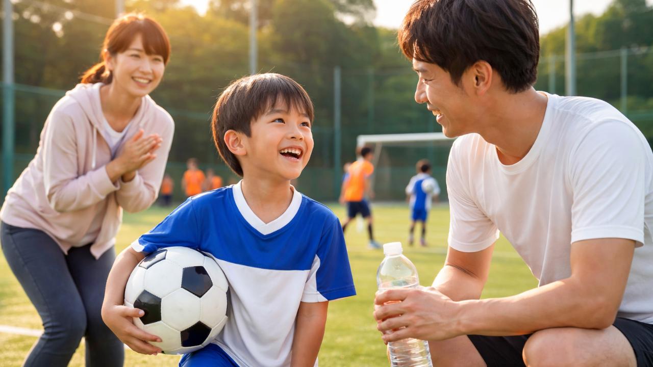 夕方の人工芝グラウンド、親子が体験参加で笑顔、少年サッカーの雰囲気