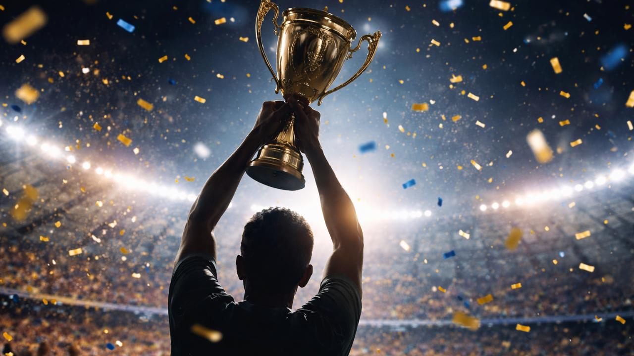 夜のスタジアムで金色のトロフィーを掲げるシルエット