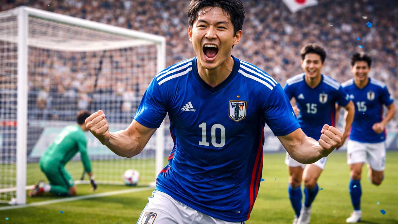 サッカーのゴールシーン、シュートが決まり選手が喜んでいる