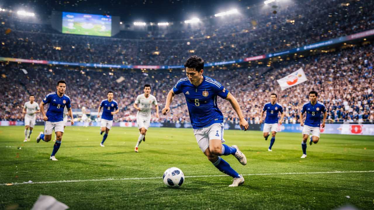 ワールドカップで日本代表がピッチで試合をしている様子