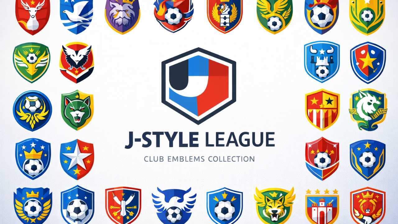 Jリーグのクラブロゴ（エンブレム）がカラフルに多数並び、中央に「J.LEAGUE」のロゴマークと文字が配置されたまとめ画像。