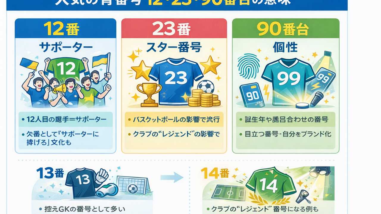 12番＝サポーター、23番＝スター、90番台＝個性などをアイコンで整理したインフォグラフィック