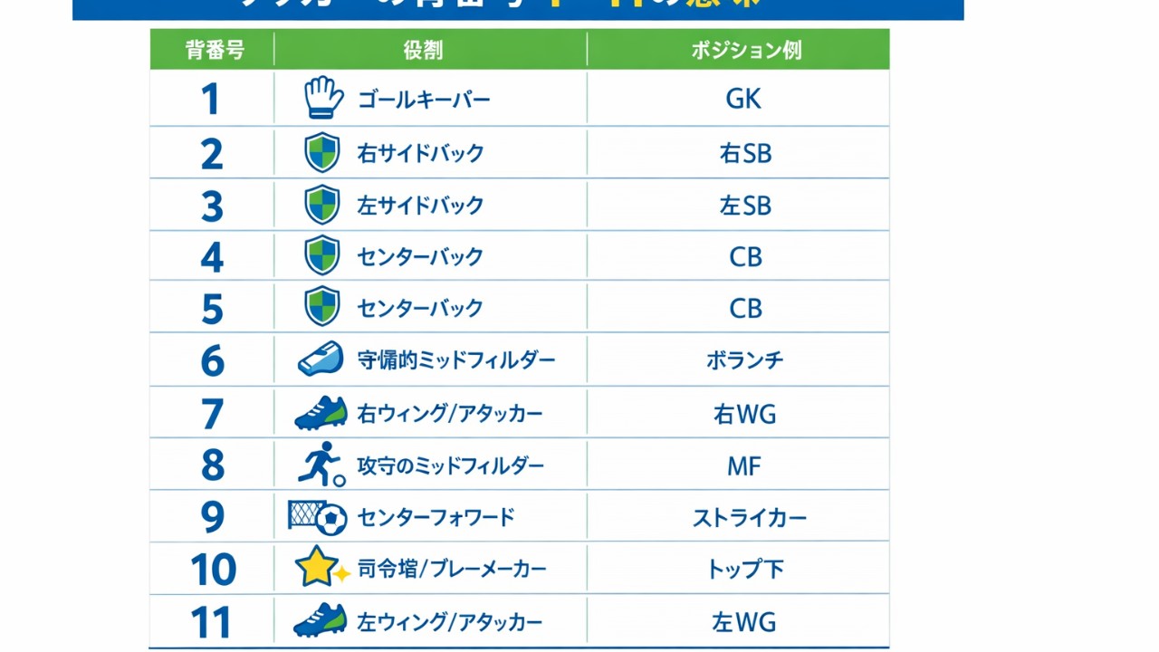 サッカーの背番号1〜11一覧表示するインフォグラフィック