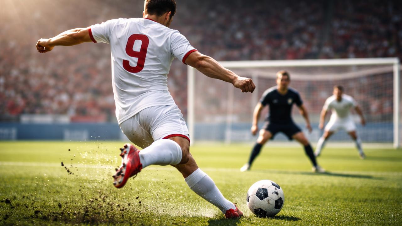 ゴール前でシュートを放つストライカーのシルエット