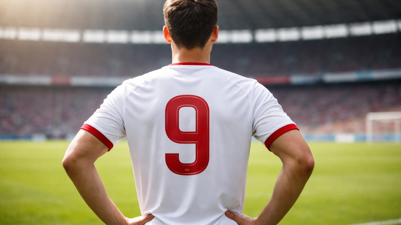 サッカーの背番号9のユニフォームを象徴的に描いた、シンプルで清潔感のある横長ビジュアル