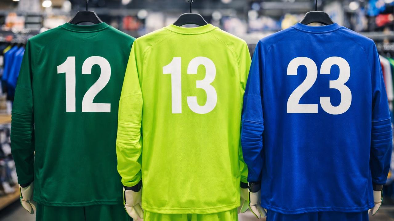 ゴールキーパー用ユニフォームが並ぶイメージ、背番号「12」「13」「23」