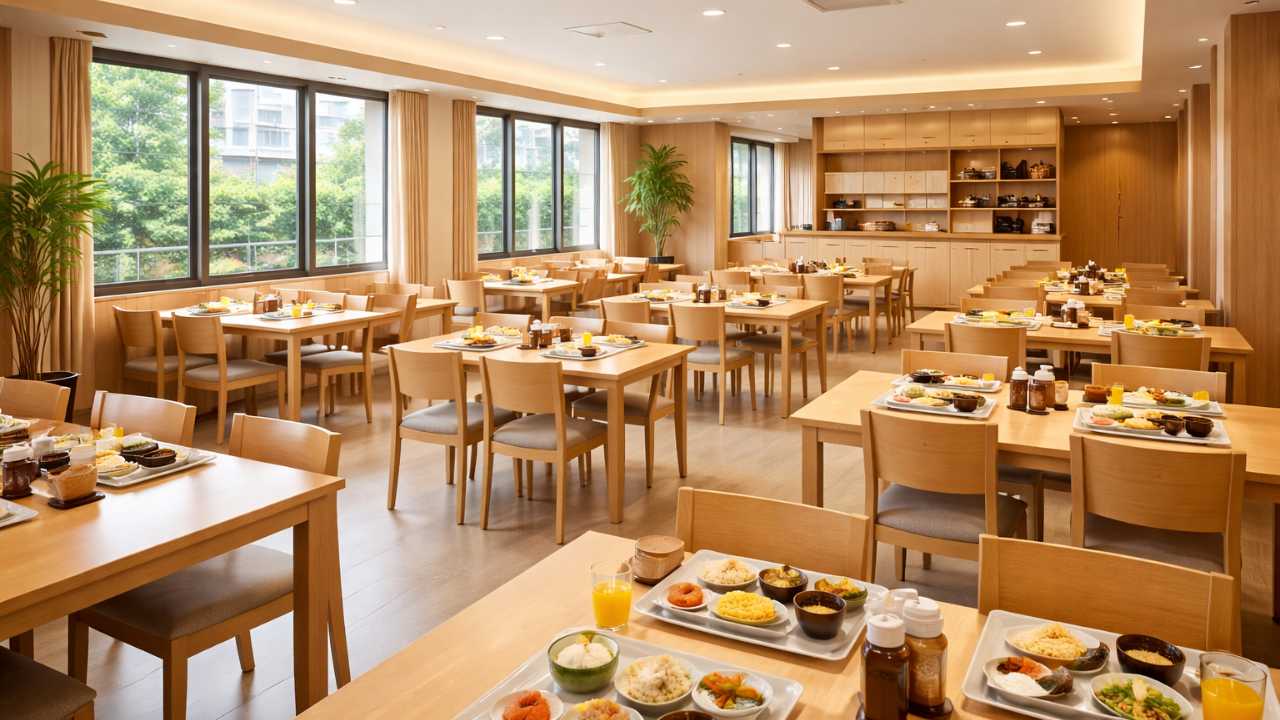 食事付き寮のダイニングルーム、朝食の雰囲気