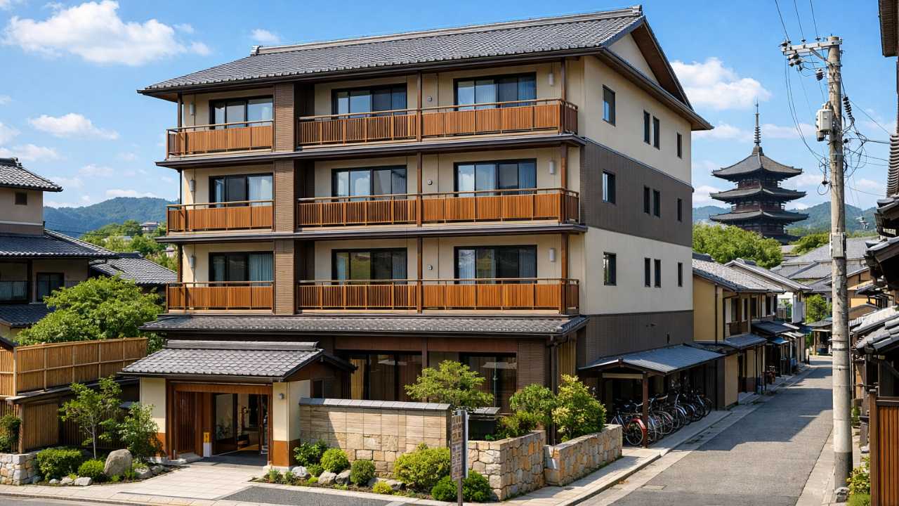 東山高校の「提携生徒寮」を想起させる、京都の街並みに馴染む学生寮の外観