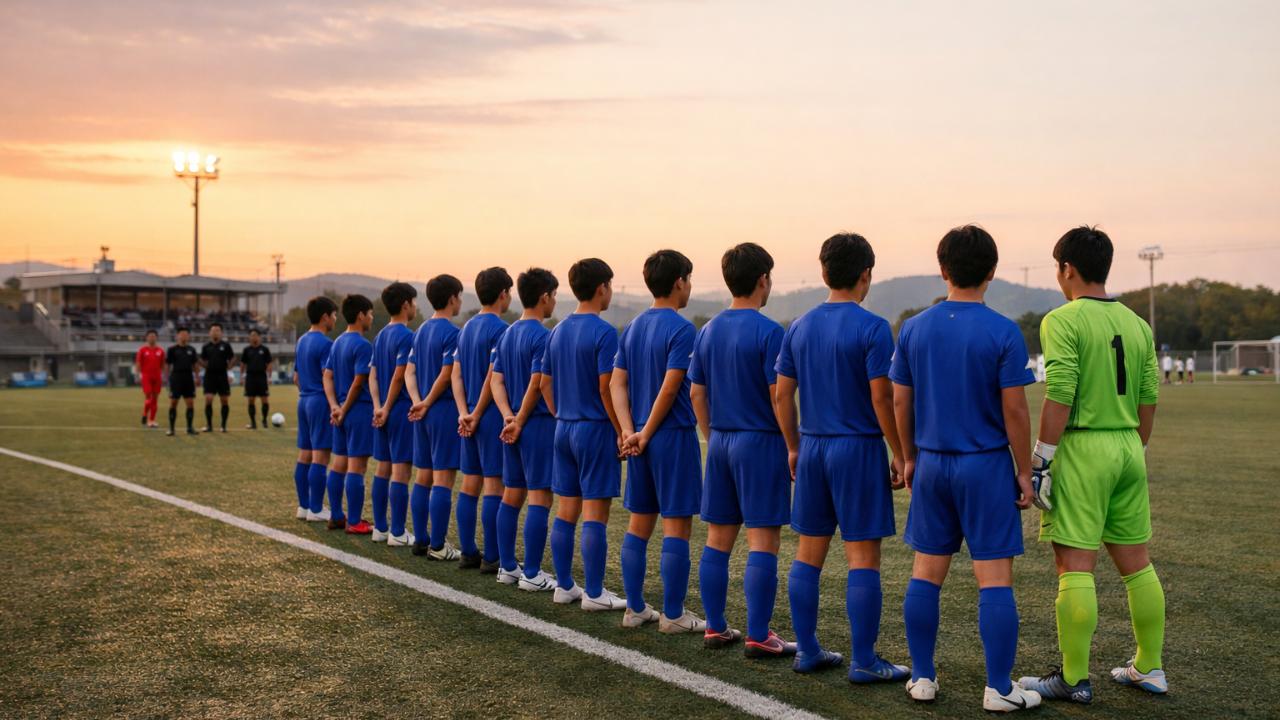 高校サッカーを象徴する風景。夕方の人工芝ピッチ、青いユニフォームの高校生
