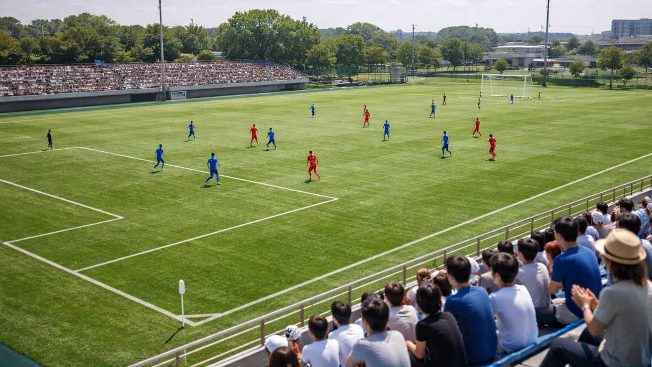 競技場のスタンドからピッチを見下ろす観戦イメージ