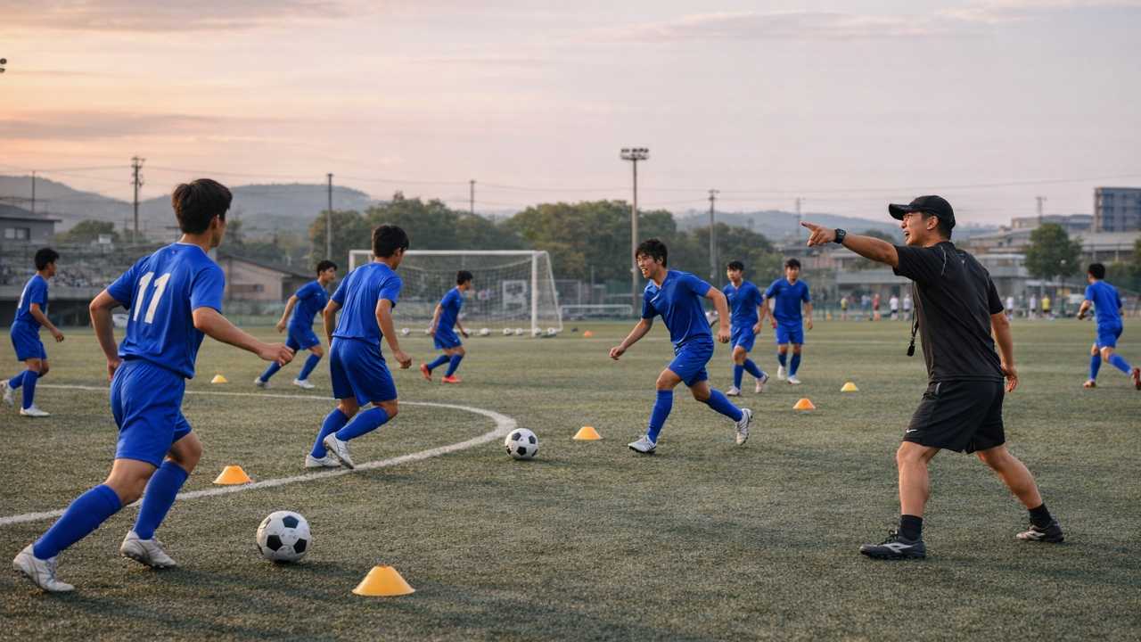 高校サッカー部のトレーニング風景。パス&ムーブの練習をする選手