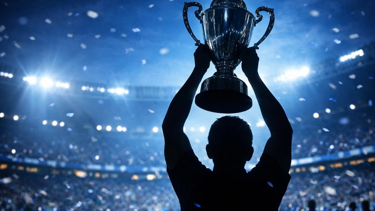 スタジアムの夜景、カップを掲げるシルエット