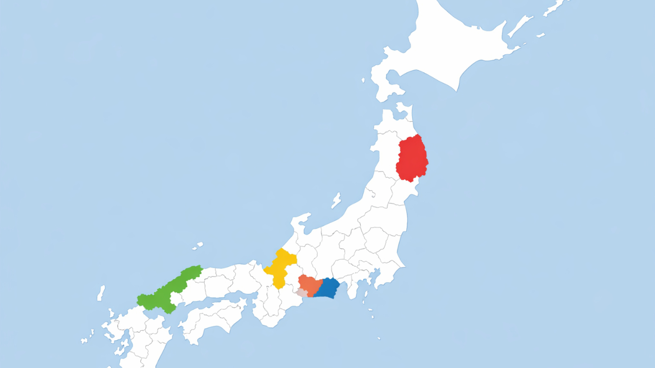 日本地図をシンプルにデザインし、岩手・福井・三重・和歌山・島根