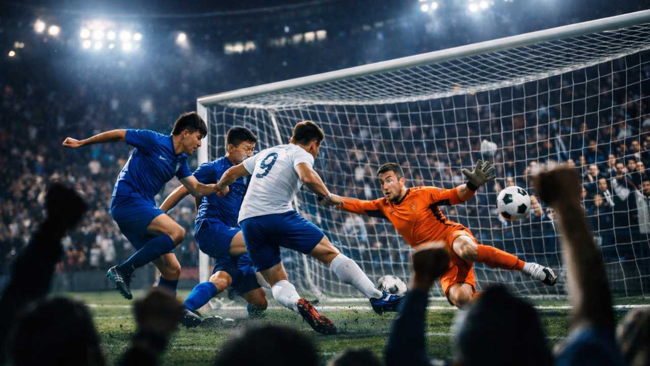 夜のスタジアム、照明、高校生のゴール前の激しい競り合い