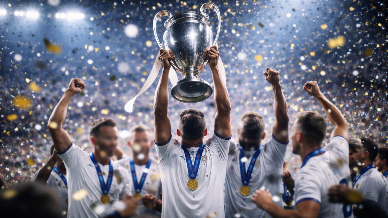 決勝後の表彰台、選手がトロフィーを掲げる瞬間を象徴する写真風