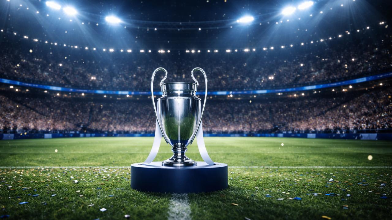 夜のスタジアム、観客席の光、ピッチ中央にトロフィーが置かれた写真風