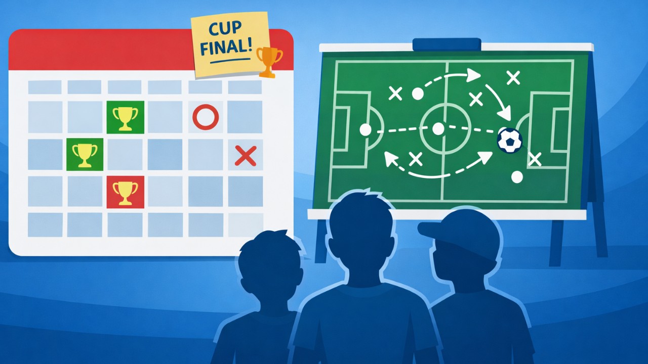 リーグ杯の短期決戦を表すカレンダーと戦術ボード