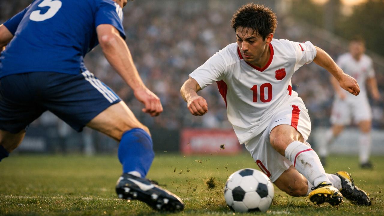 サッカーの試合、低身長の選手が鋭い切り返しで相手DFを外す瞬間