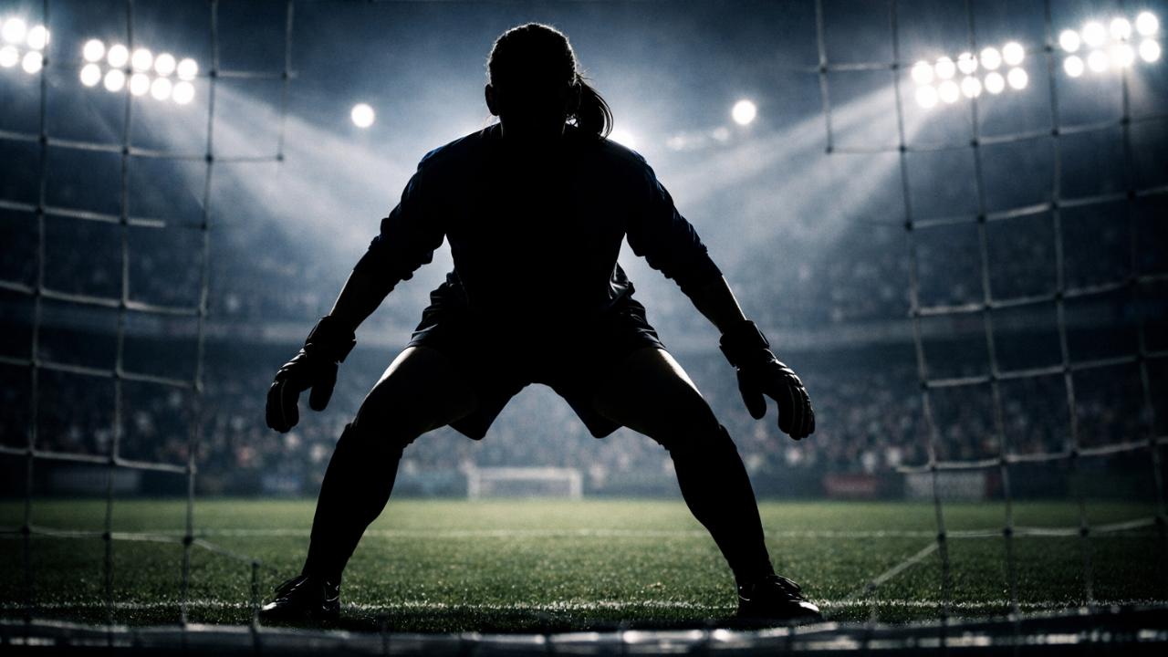 ゴール前に立つ女子ゴールキーパーのシルエット