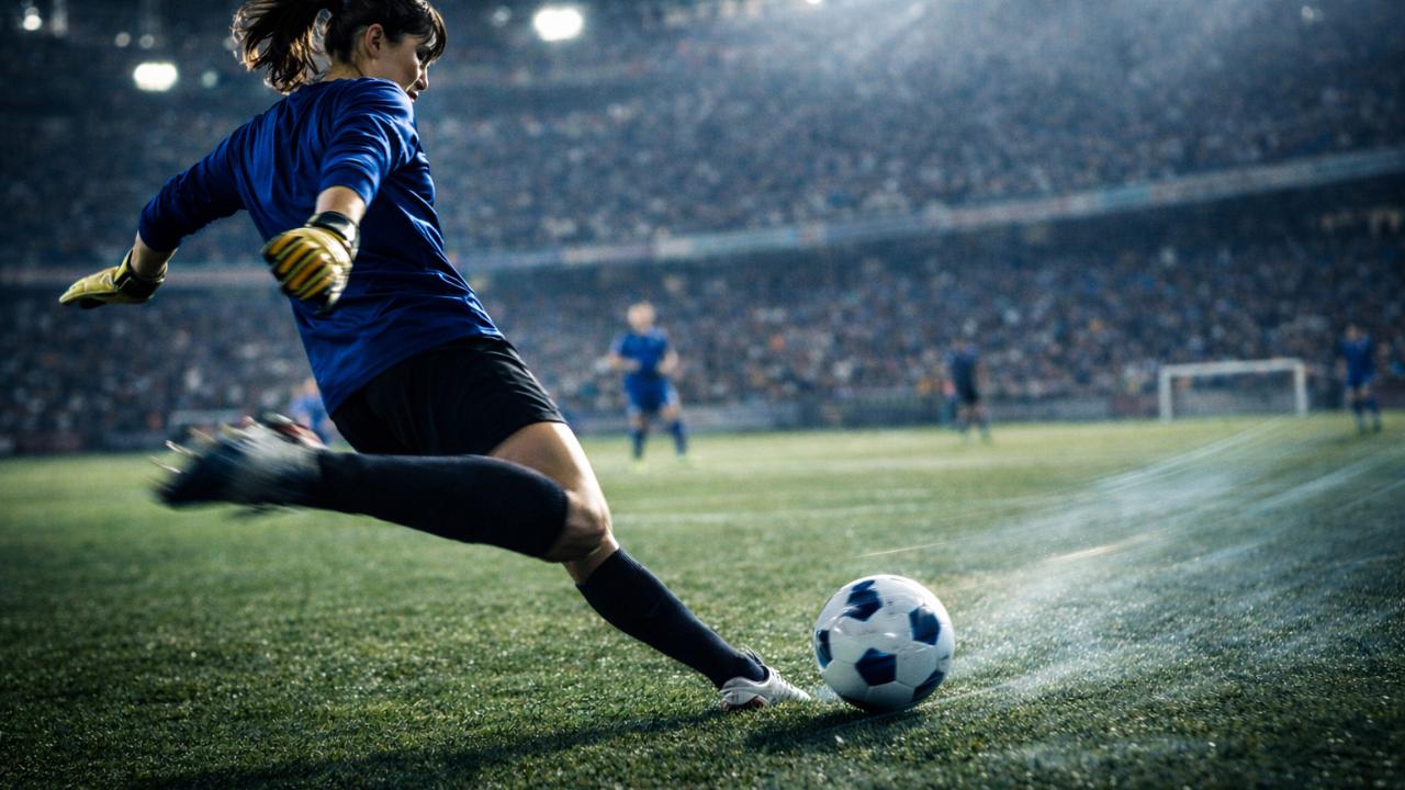 女子GKが足元でパスを出す瞬間