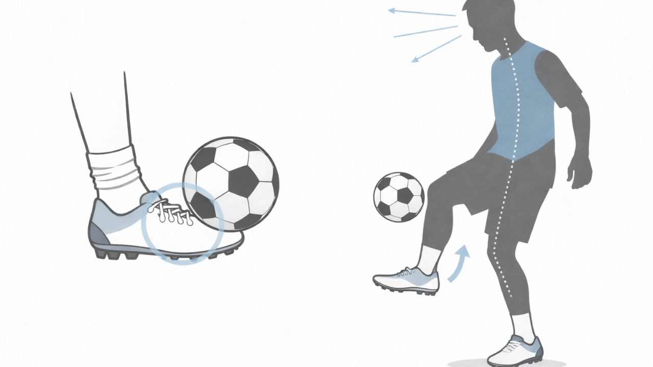 サッカーのリフティングで使う足の当て所（インステップ中心）と姿勢のポイントを、シンプルな図解風で示したビジュアル