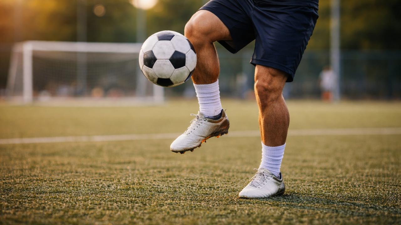 夕方のグラウンドで、サッカーボールを膝〜腰の高さでリフティング練習している選手の足元を中心にした写真風