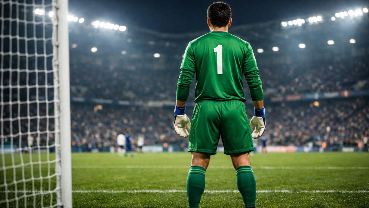 ナイトゲームのスタジアム、ゴール前に立つGKの後ろ姿