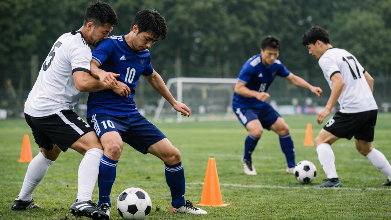 練習グラウンドで2対2の対人ポスト練習、受け手が背負って受けて落とす瞬間