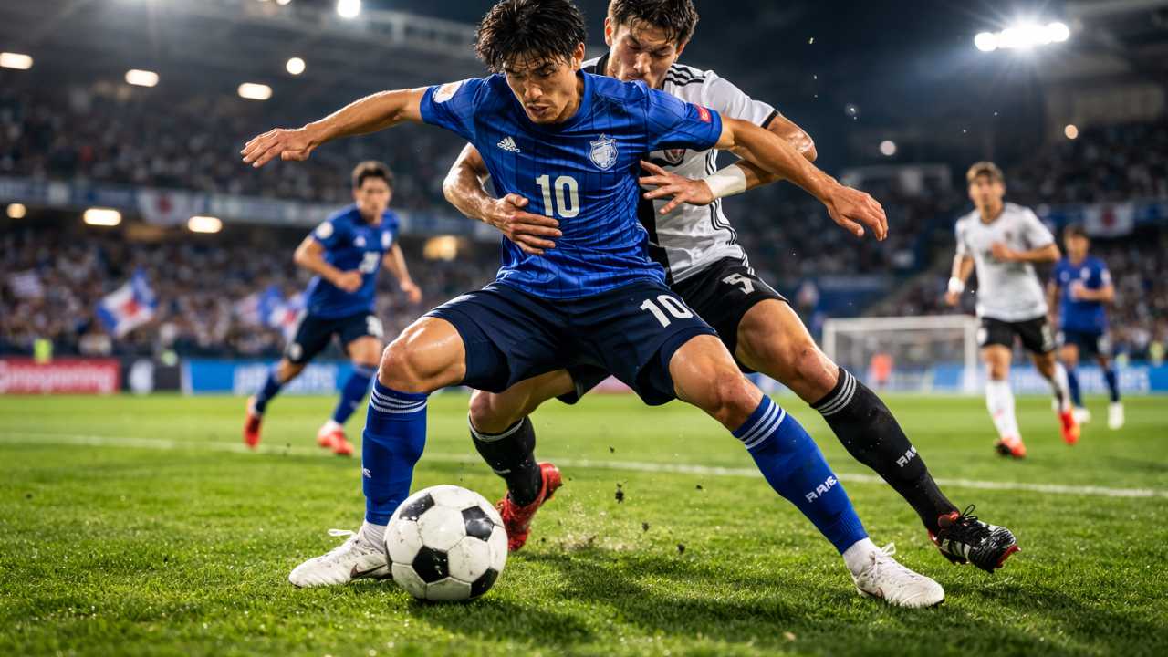 ナイターのサッカースタジアム、センターフォワードが相手センターバックを背負ってボールをキープしている瞬間