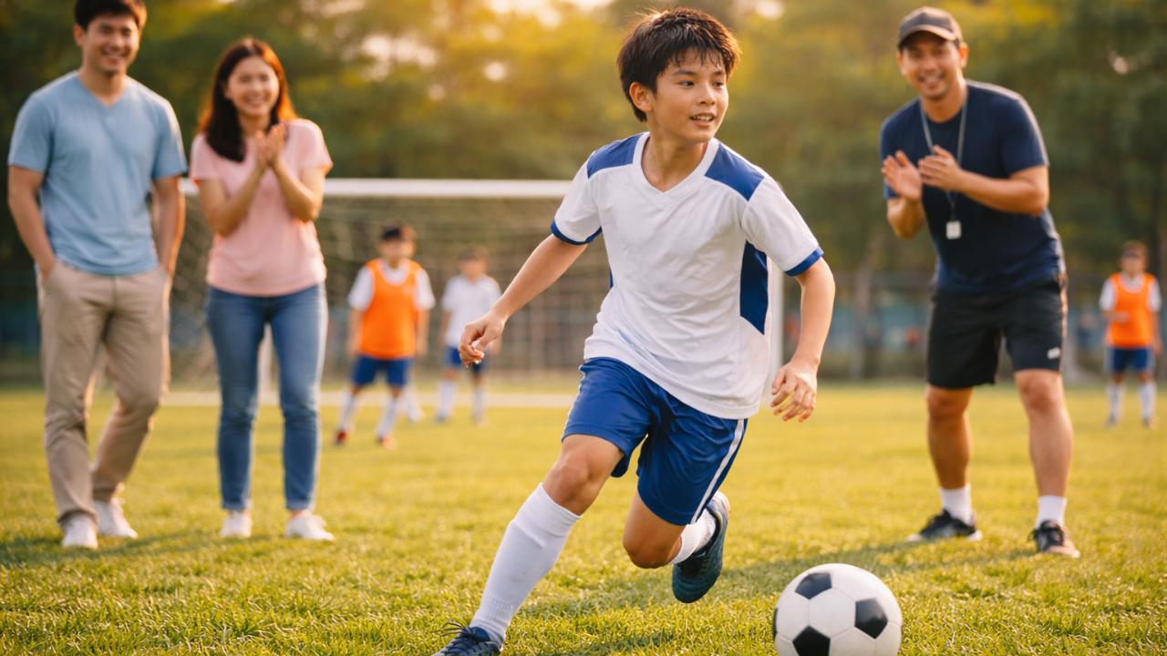 親とコーチが見守る中で前向きにプレーする子どものサッカー風景