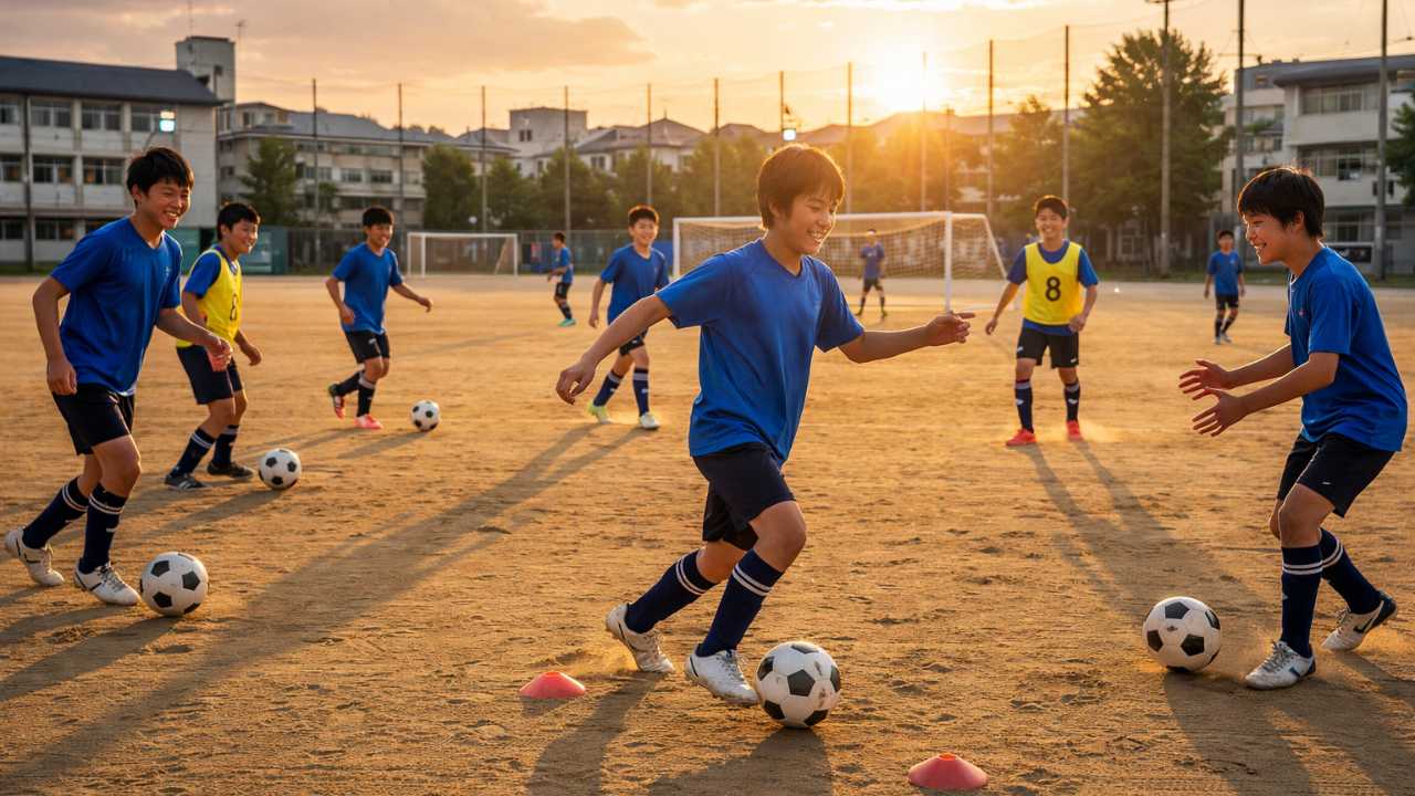 放課後の中学校グラウンドで、制服ではなく練習着を着た中学生サッカー選手たちが、明るい表情でボールタッチとパス練習をしている様子