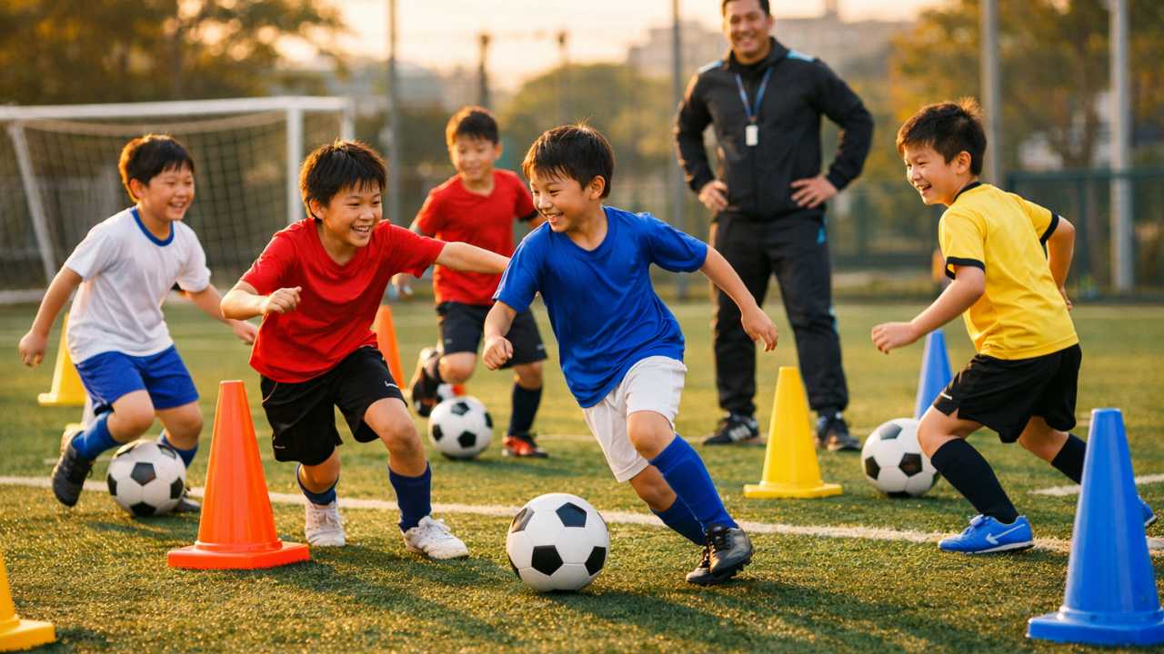 サッカー少年団の子どもたちが、カラーコーンを使ったドリブルおにごっこを笑顔で楽しんでいる場面
