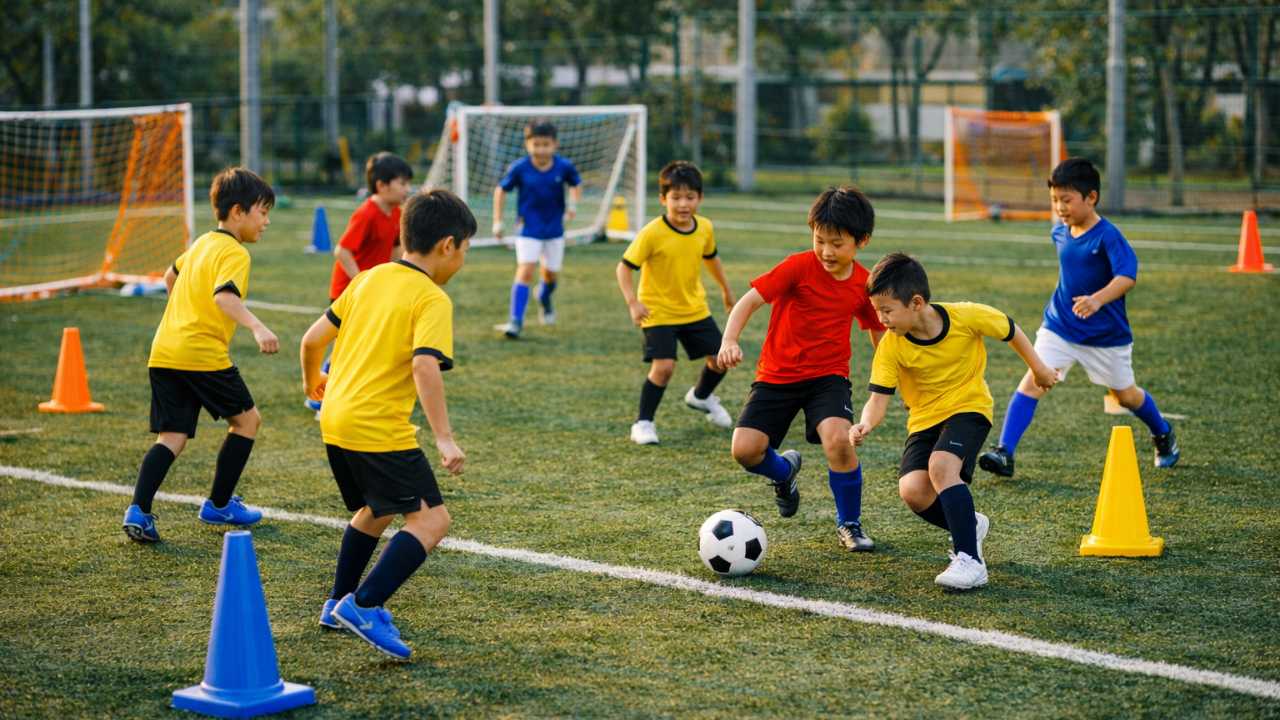 小スペースで4対4のミニゲームを行う子どもたち。複数ゴールを使った面白いサッカー練習メニューの場面